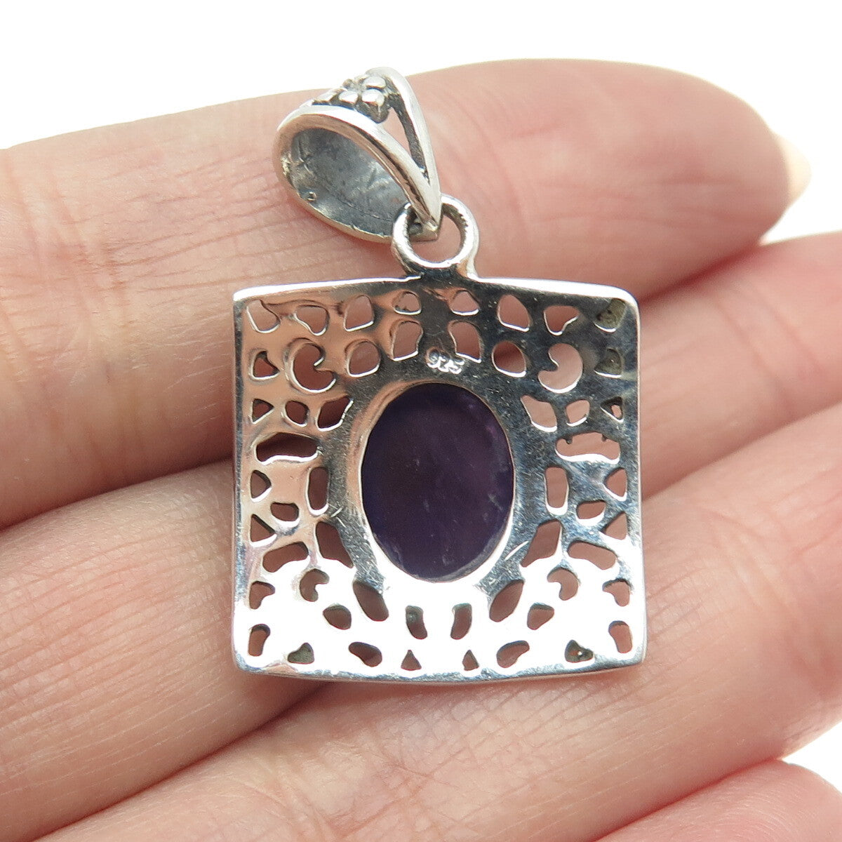 925 Sterling Silver Vintage Real Amethyst Gemstone Cutout Square Pendant