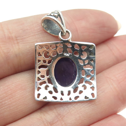925 Sterling Silver Vintage Real Amethyst Gemstone Cutout Square Pendant