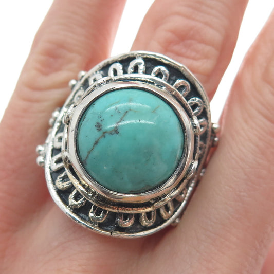 925 Sterling Silver Vintage Lone Mountain Turquoise Sun Oxidized Ring Size 10.5