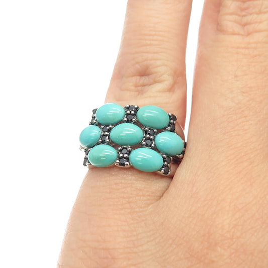 925 Sterling Silver Real Turquoise & Black Spinel Gemstone Ring Size 5.25