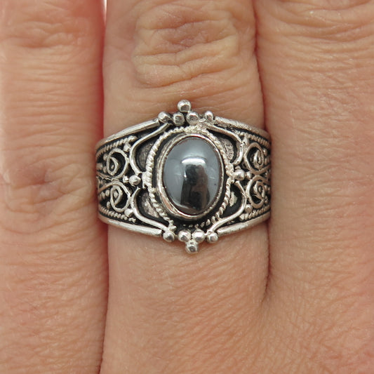 FLASH Sterling Silver Vintage Real Hematite Granulated Adjustable Ring Size 7