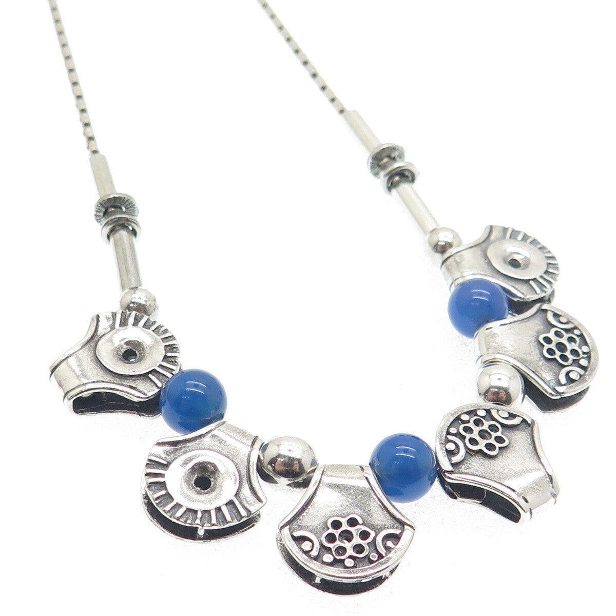 925 Sterling Silver Vintage Real Blue Chalcedony Modernist Chain Necklace 18"