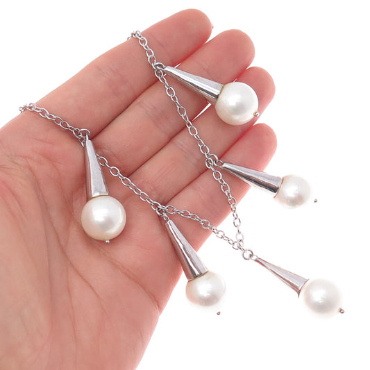 925 Sterling Silver Vintage Faux Pearl Teardrop Cable Chain Necklace 16"