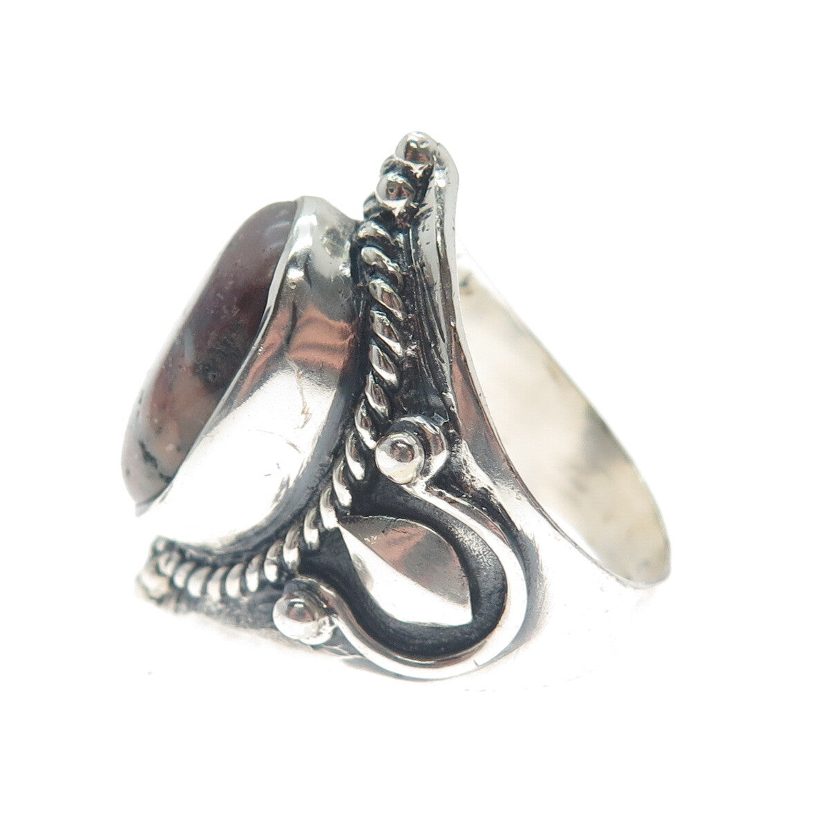 925 Sterling Silver Vintage Real Agate Harp Roped Oxidized Ring Size 9.75