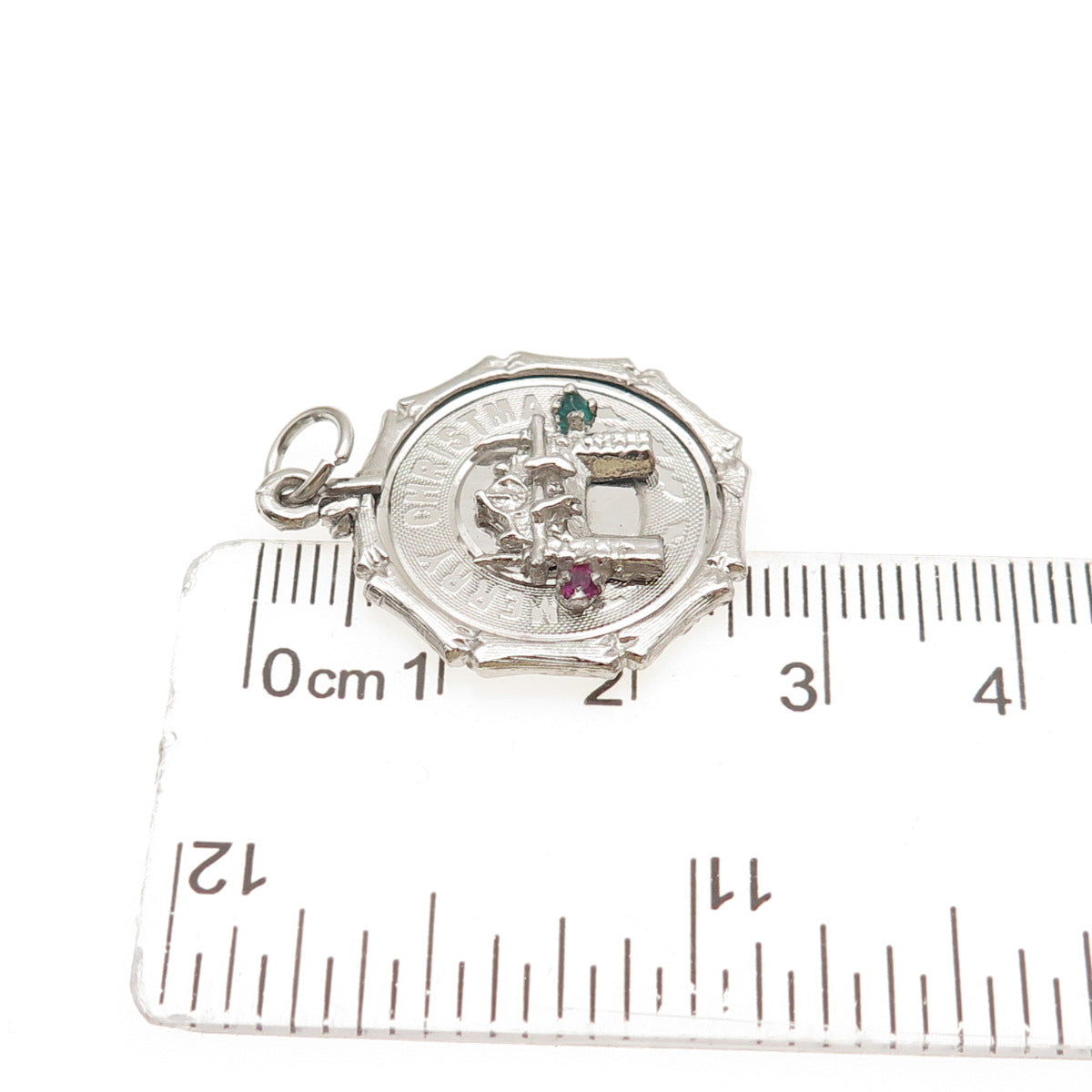 925 Sterling Silver Vintage Rhinestone Merry Christmas Fireplace Charm Pendant