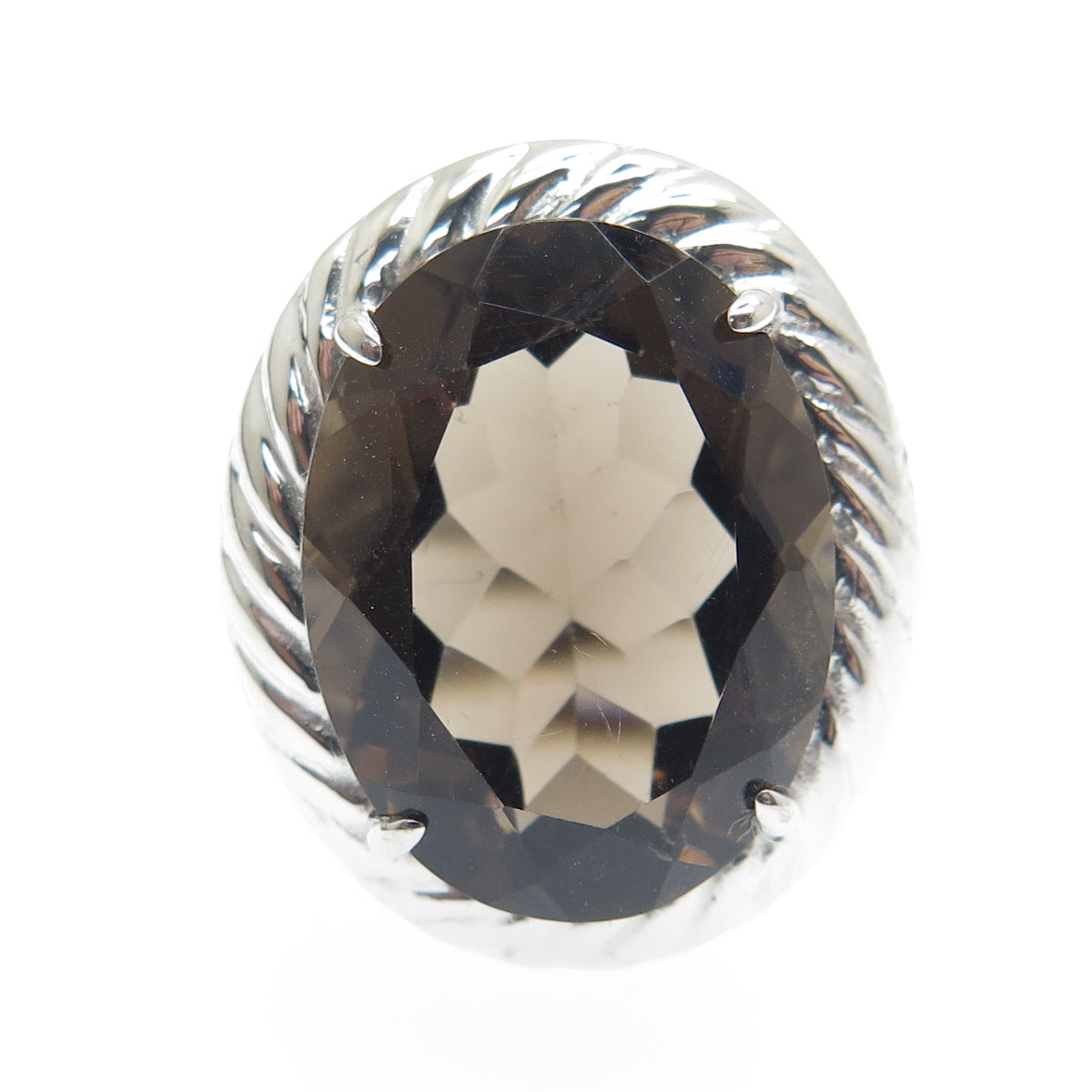925 Sterling Silver Real Oval-Cut Smoky Quartz Twisted Ring Size 6.5