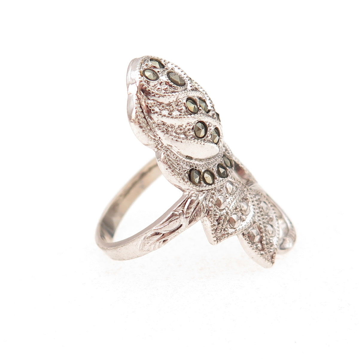 Clark & Coombs Sterling Silver Antique Art Deco Real Marcasite Rose Ring Size 5