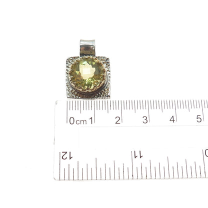 925 Sterling Silver 2-Tone Vintage Real Lime Quartz Hammered Charm Pendant