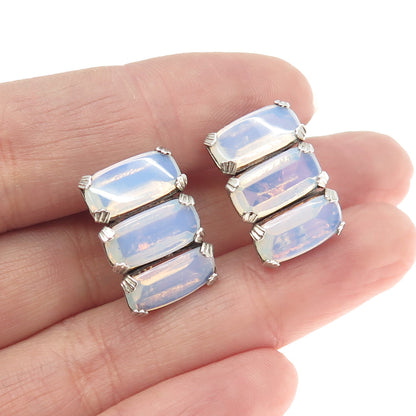 925 Sterling Silver Vintage Real Opalite Gemstone Screw Back Earrings