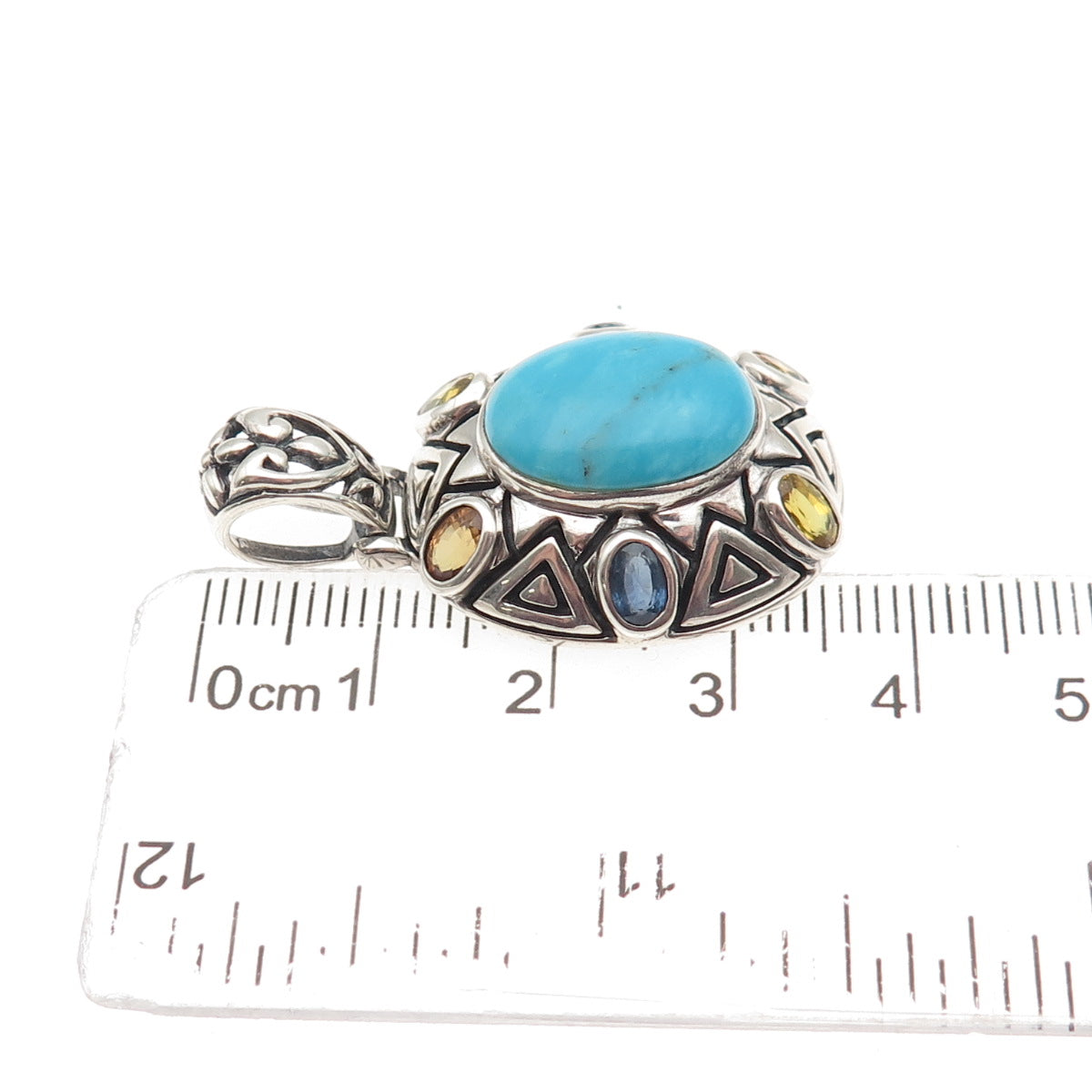 SX Sally C 925 Sterling Vintage Real Turquoise Blue & Yellow Sapphire Pendant