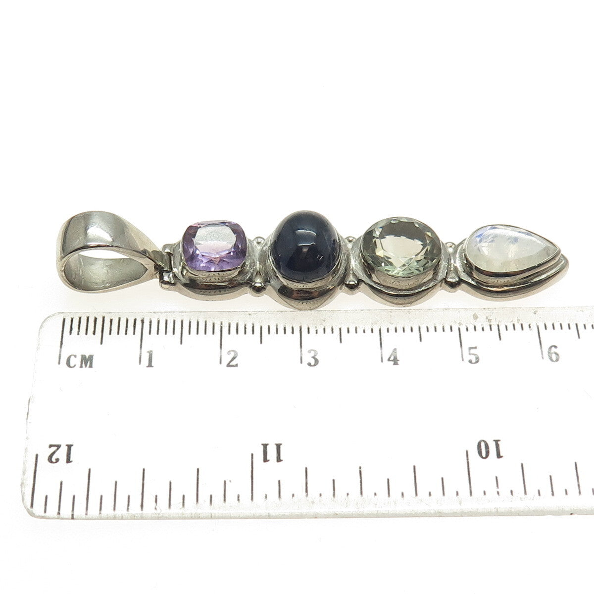 925 Sterling Silver Vintage Real Green Purple Amethyst Iolite Moonstone Pendant