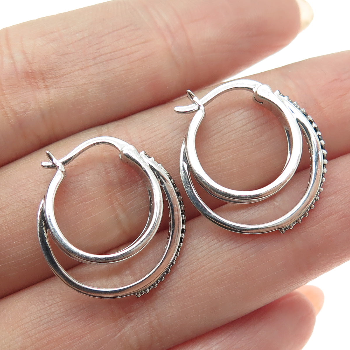 925 Sterling Silver Real Round-Cut Black Diamond Multi-Circle Hoop Earrings