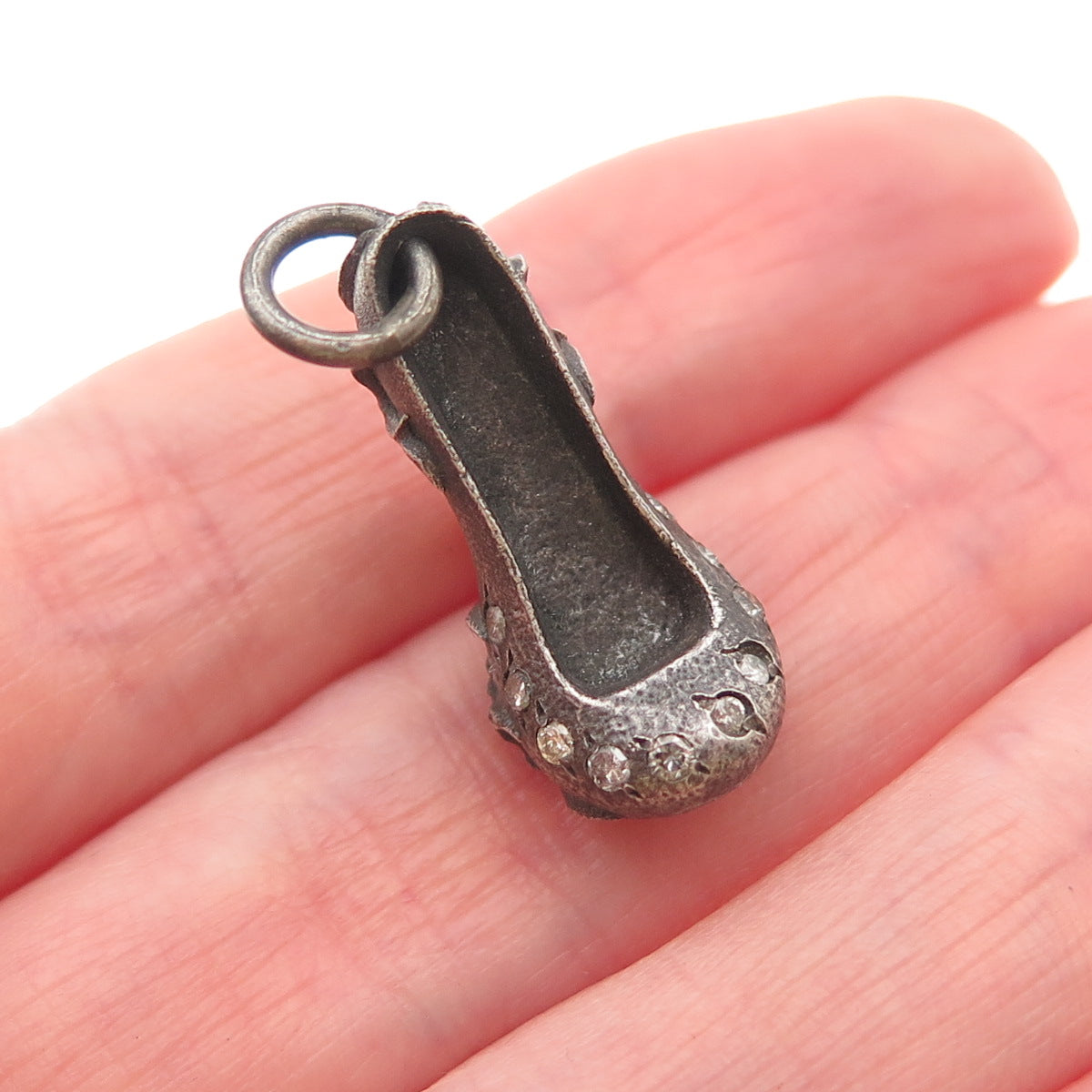 925 Sterling Silver Real Diamond & Ruby High Heel Oxidized 3D Mini Charm Pendant