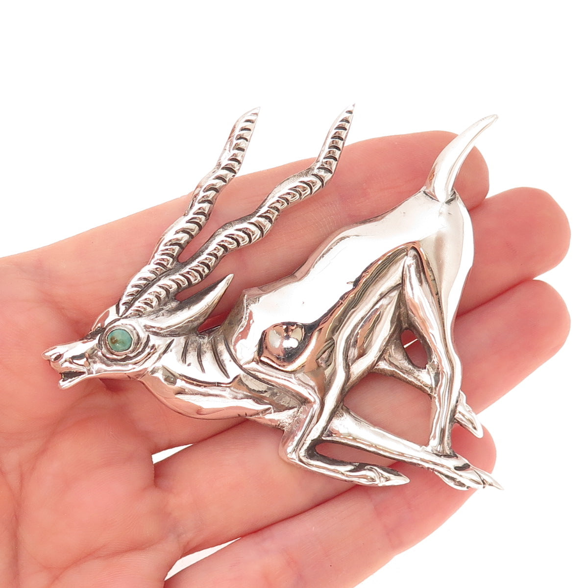 925 Sterling Silver Vintage Mexico Real Turquoise Gazelle Oxidized Pin Brooch