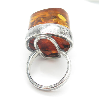 925 Sterling Silver Vintage Real Amber Modernist Ring Size 6.75