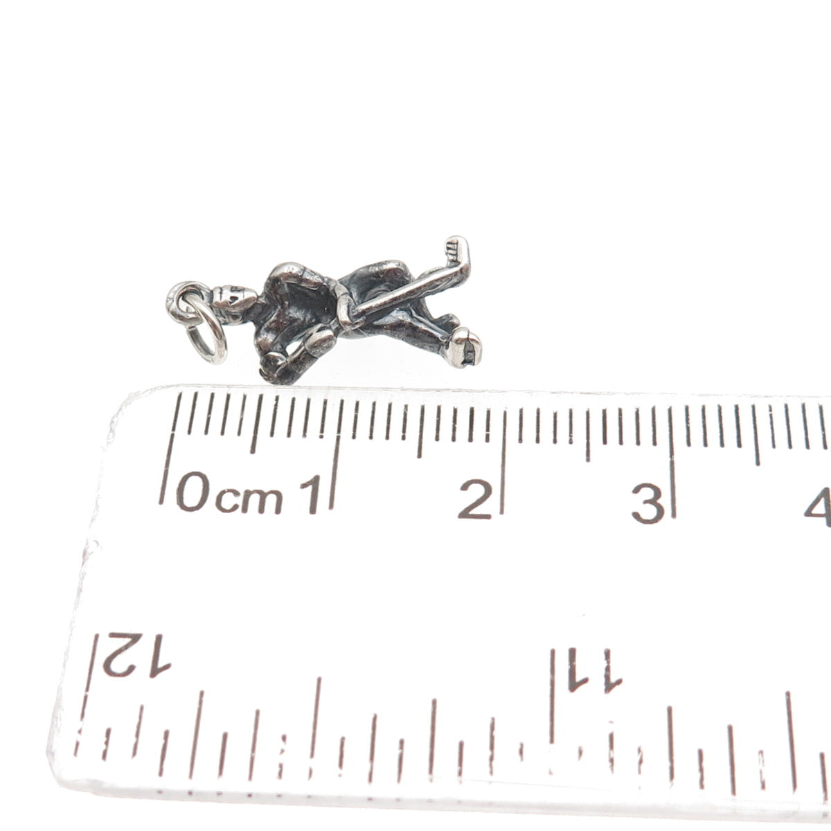 925 Sterling Silver Vintage Hockey Player Oxidized 3D Mini Charm Pendant