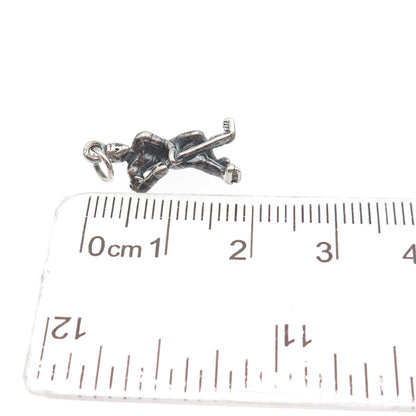 925 Sterling Silver Vintage Hockey Player Oxidized 3D Mini Charm Pendant