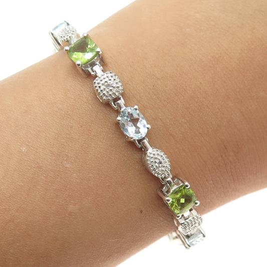 925 Sterling Silver Real Round-Cut Diamond Blue Topaz & Peridot Bracelet 7.25"