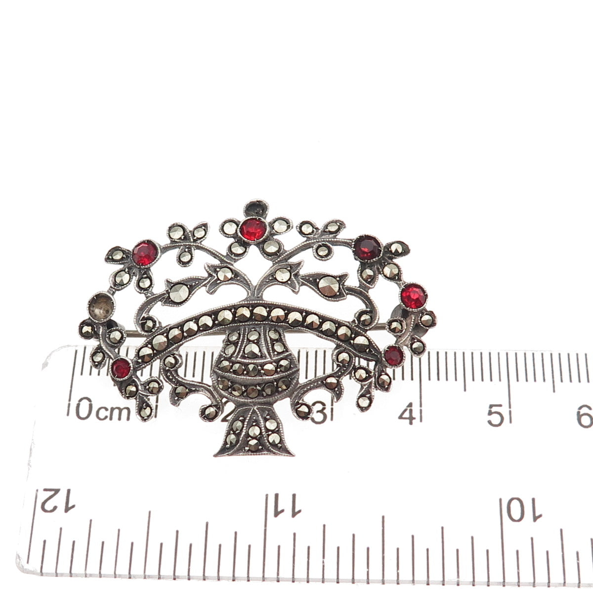 830S Silver Antique Germany Marcasite & Rhinestone Pin Brooch (missing 2 stones)