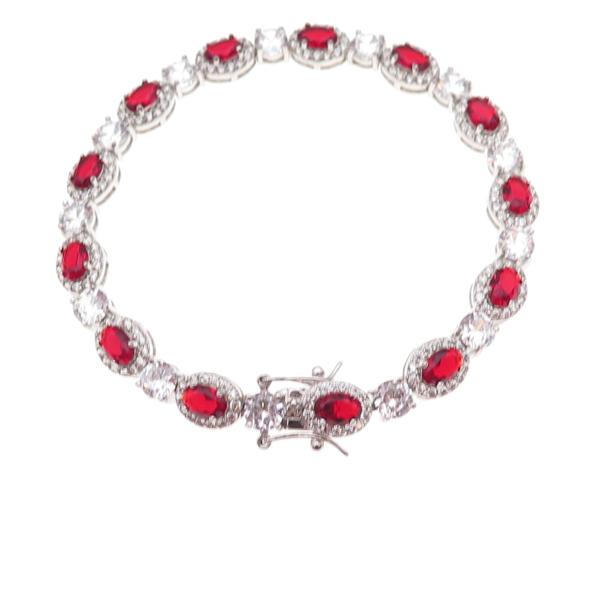 925 Sterling Silver Oval-Cut Red & Round-Cut White C Z Bracelet 7.25"