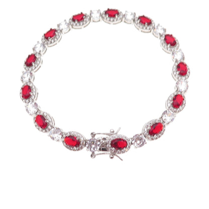 925 Sterling Silver Oval-Cut Red & Round-Cut White C Z Bracelet 7.25"