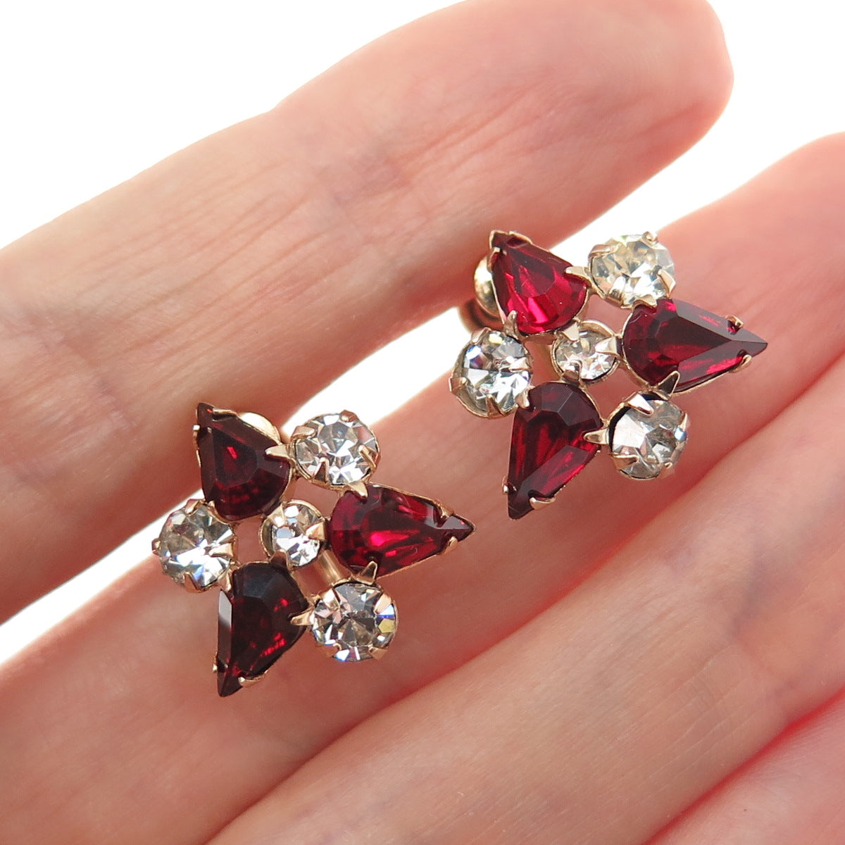 PHYLLIS 1/20 12K Rose Gold Filled Antique Rhinestone Flower Screw Back Earrings