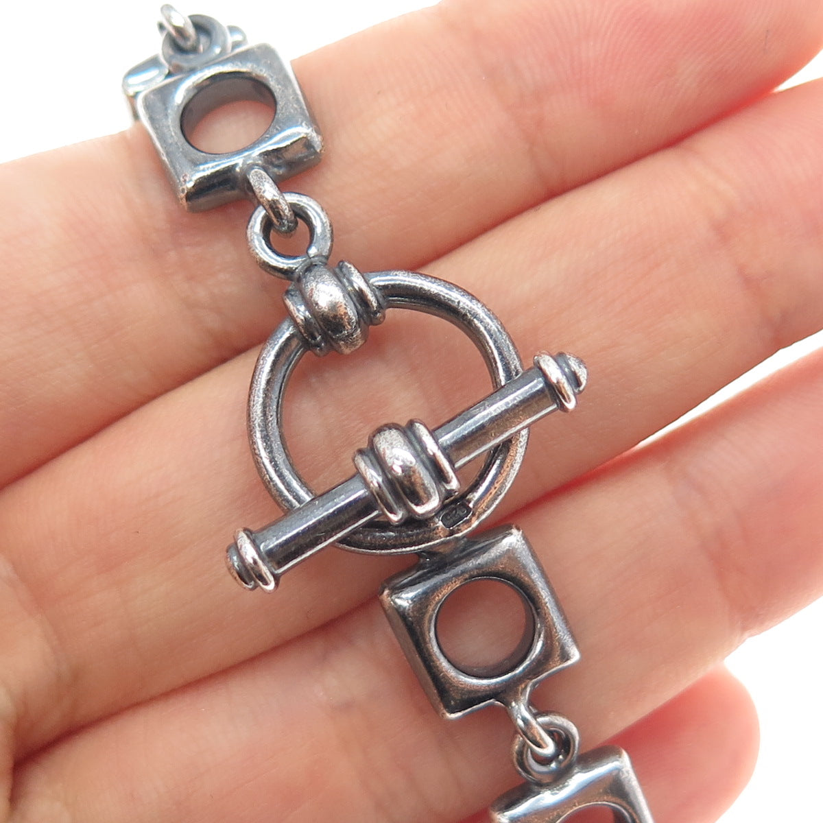 925 Sterling Silver Vintage Modernist Square Link Oxidized Bracelet 6.75"