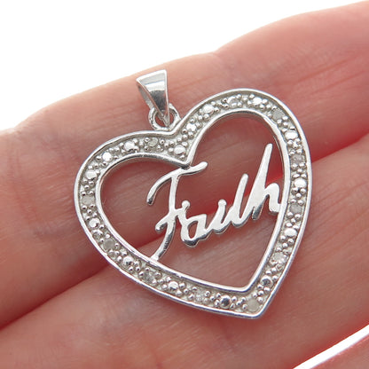 HAN 925 Sterling Silver Real Round-Cut Diamond Faith Heart Minimalist Pendant