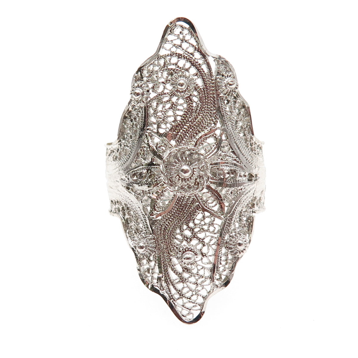 Van Lou Sterling Silver Antique Art Deco Floral Filigree Adjustable Ring Size 8