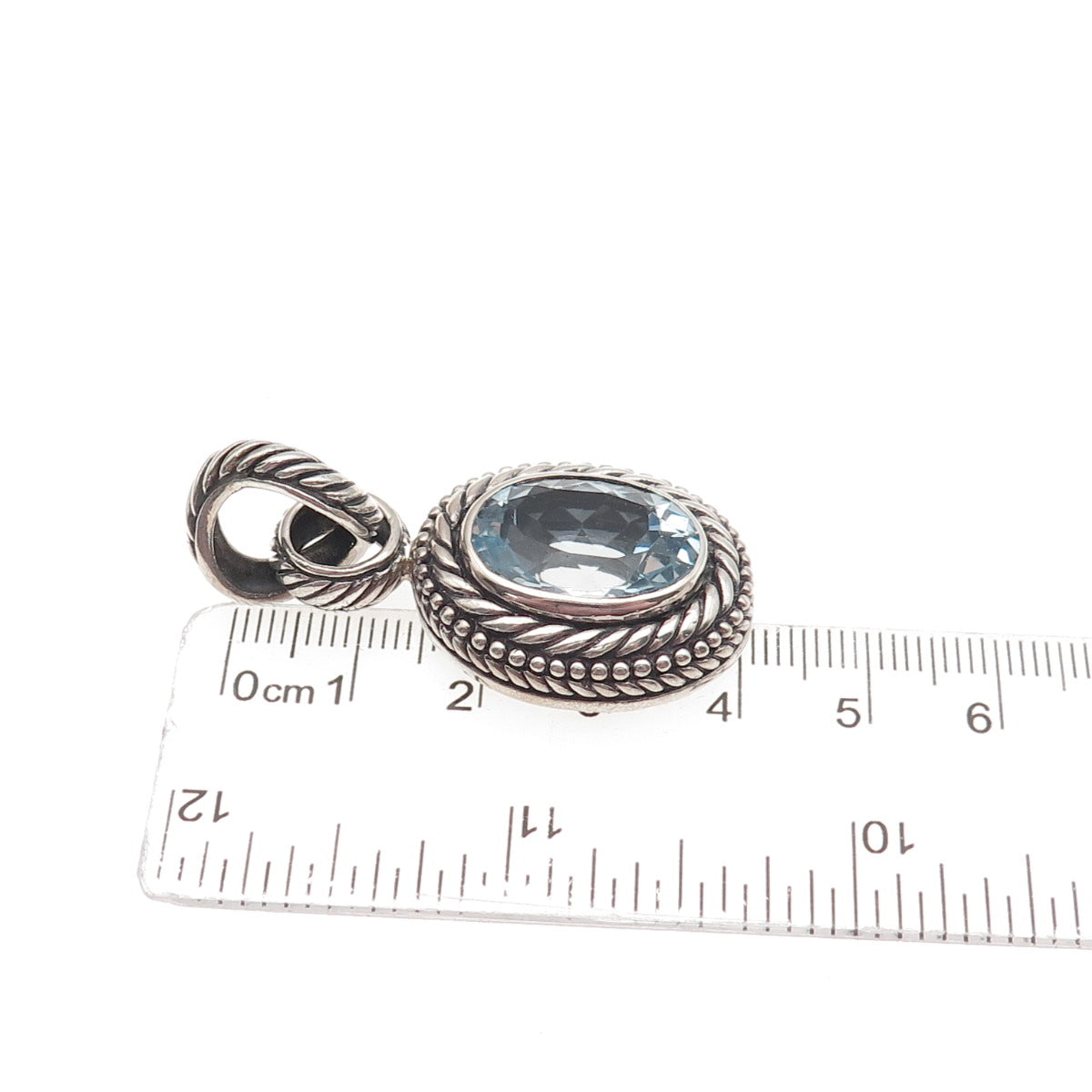 925 Sterling Silver Vintage Real Blue Topaz Modernist Oxidized Charm Pendant