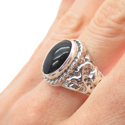 925 Sterling Silver Vintage Real Black Onyx Modernist Ring Size 12.75