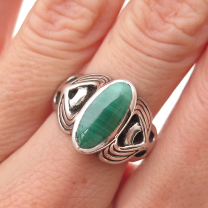 925 Sterling Silver Vintage Real Malachite Owl Bird Oxidized Ring Size 7.25