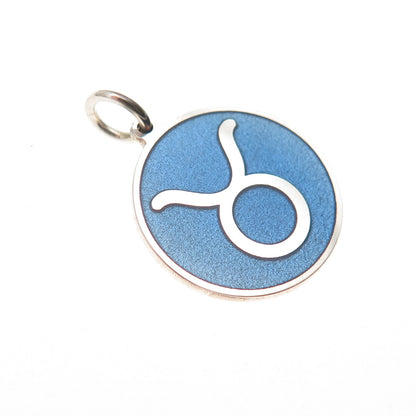 925 Sterling Silver Blue Enamel Taurus Zodiac Round Tag Mini Charm Pendant