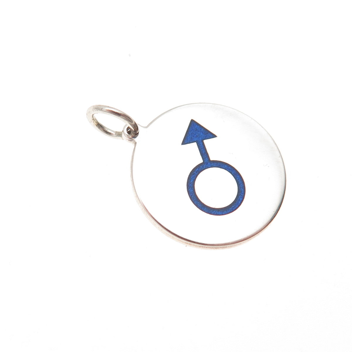 925 Sterling Silver Blue Enamel Male Symbol Round Tag Mini Charm Pendant
