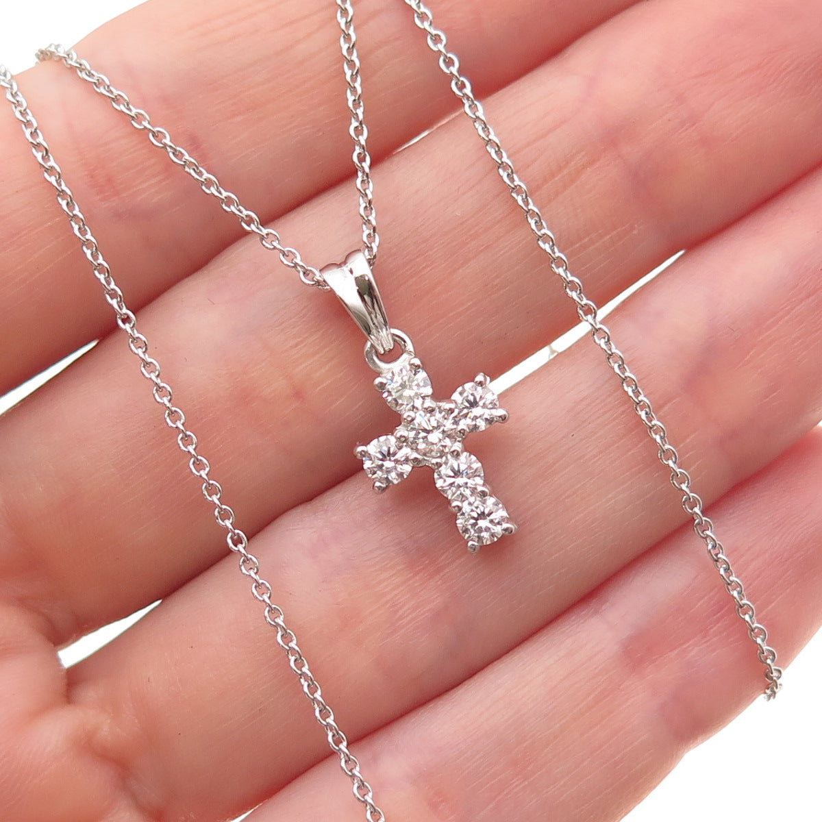 925 Sterling Silver Round-Cut C Z Cross Cable Chain Necklace 16-18"