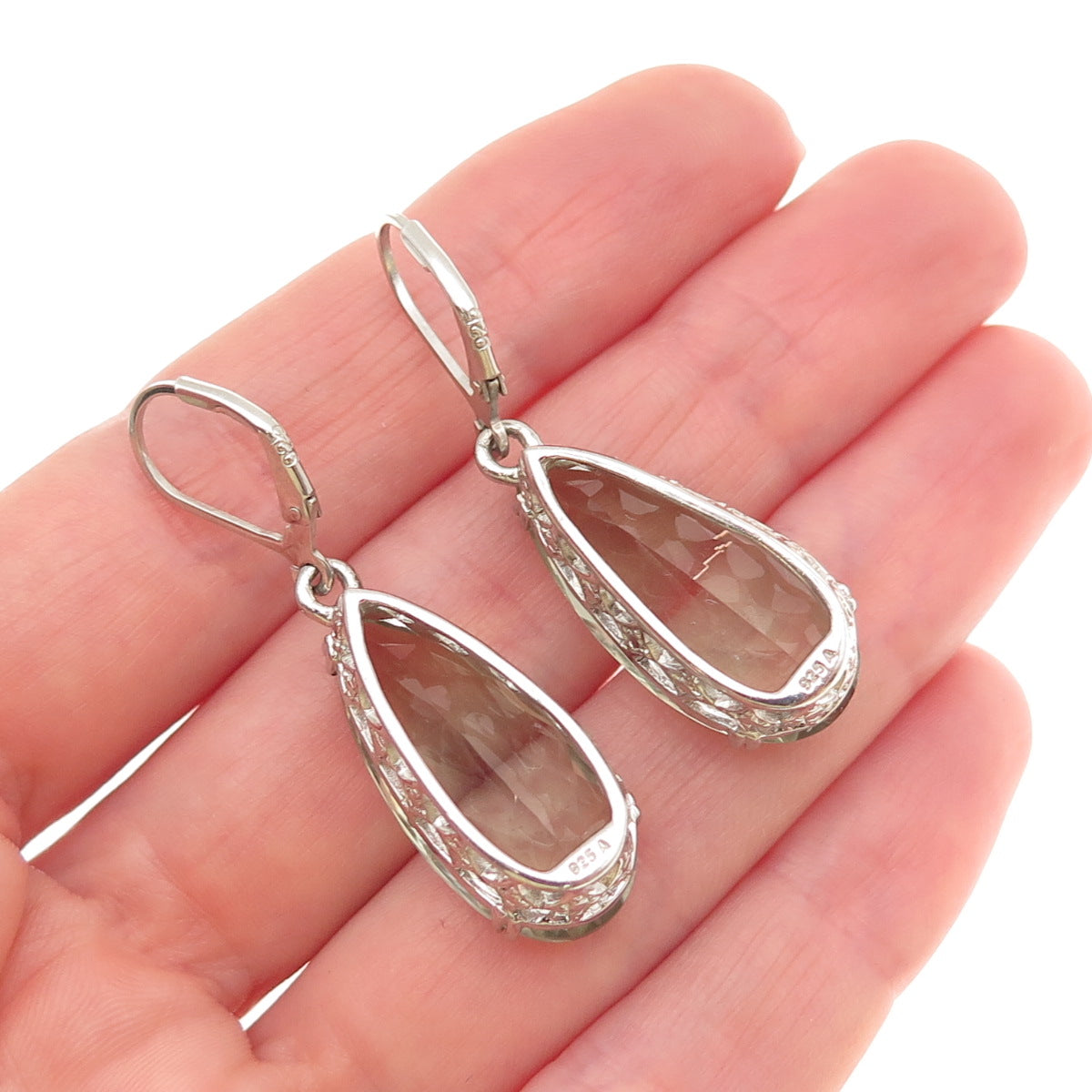925 Sterling Silver Real Pear-Cut Green Amethyst Dangle Earrings