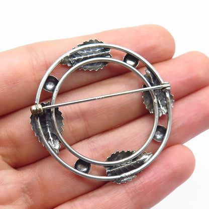 925 Sterling Silver Vintage Leaf Open Circle Pin Brooch