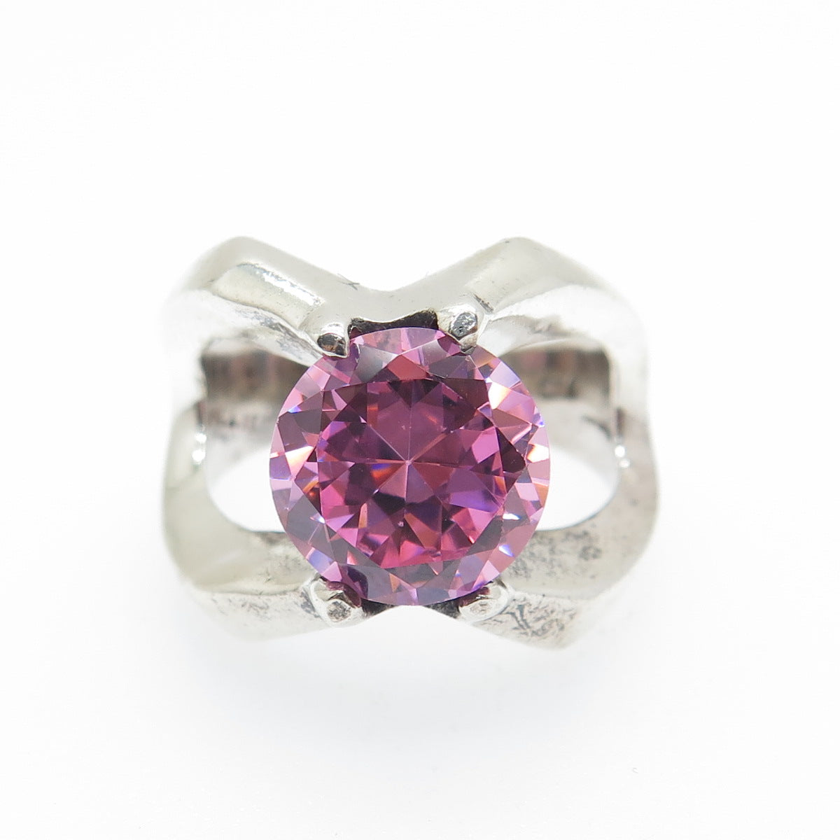 925 Sterling Silver Vintage Mexico Round-Cut Pink C Z Modernist Ring Size 7.5