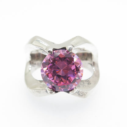 925 Sterling Silver Vintage Mexico Round-Cut Pink C Z Modernist Ring Size 7.5