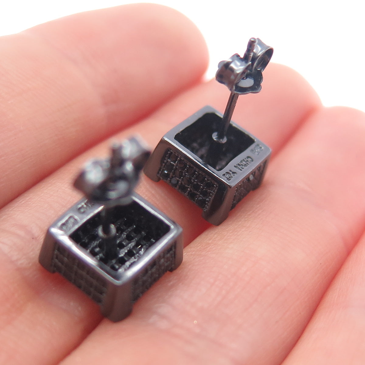 925 Sterling Silver Black Rhodium Round-Cut C Z Square Stud Earrings