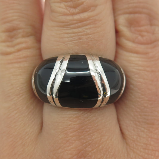 925 Sterling Silver Vintage Real Black Onyx Gemstone Domed Ring Size 8.25