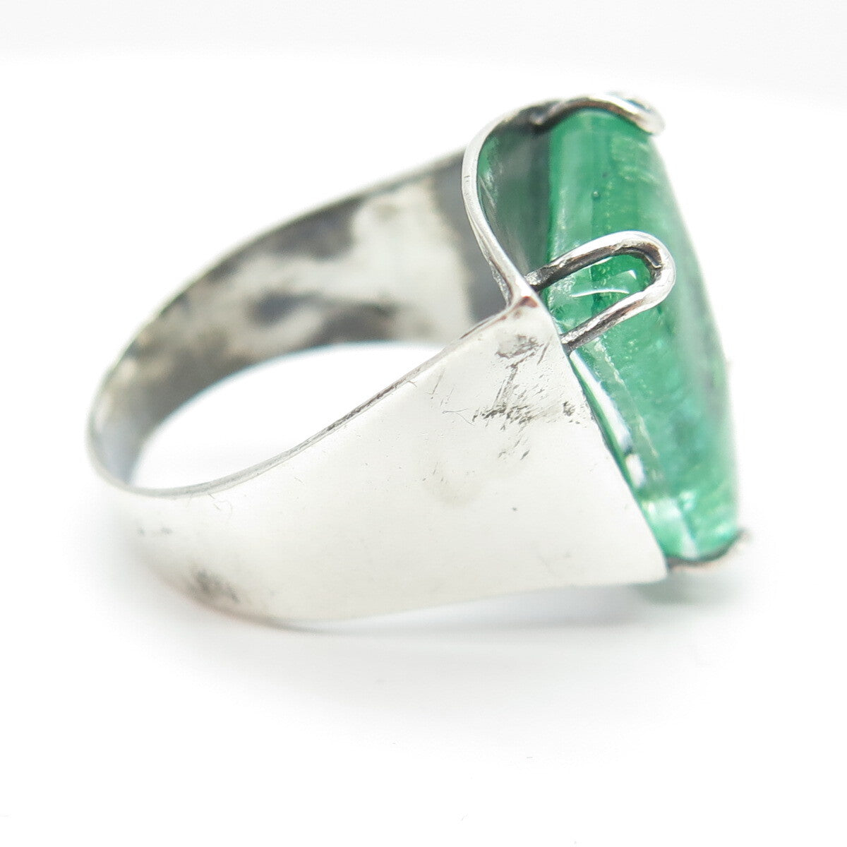 PRIOLI 925 Sterling Silver Green Glass Modernist Ring Size 8
