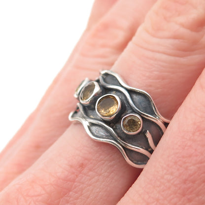 925 Sterling Silver Vintage Real Citrine Modernist Oxidized Ring Size 10