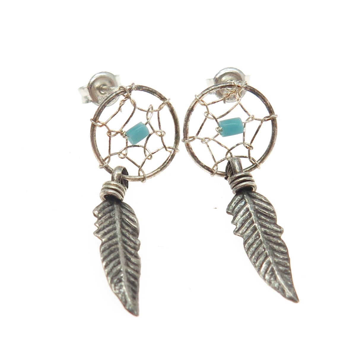 925 Sterling Silver Vintage Southwestern Real Turquoise Dreamcatcher Earrings