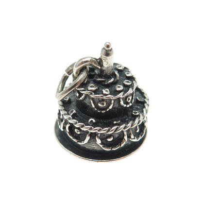 925 Sterling Silver Vintage Birthday Cake Oxidized Minimalist 3D Charm Pendant