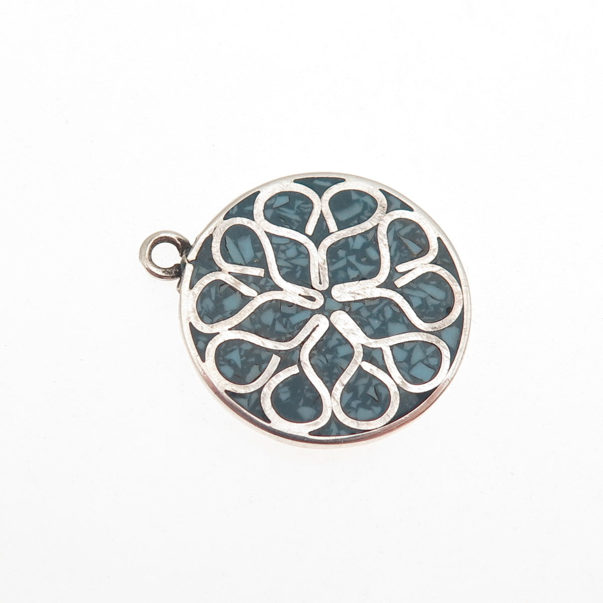 925 Sterling Silver Vintage Real Turquoise Inlay Floral Charm Pendant