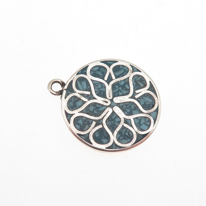 925 Sterling Silver Vintage Real Turquoise Inlay Floral Charm Pendant