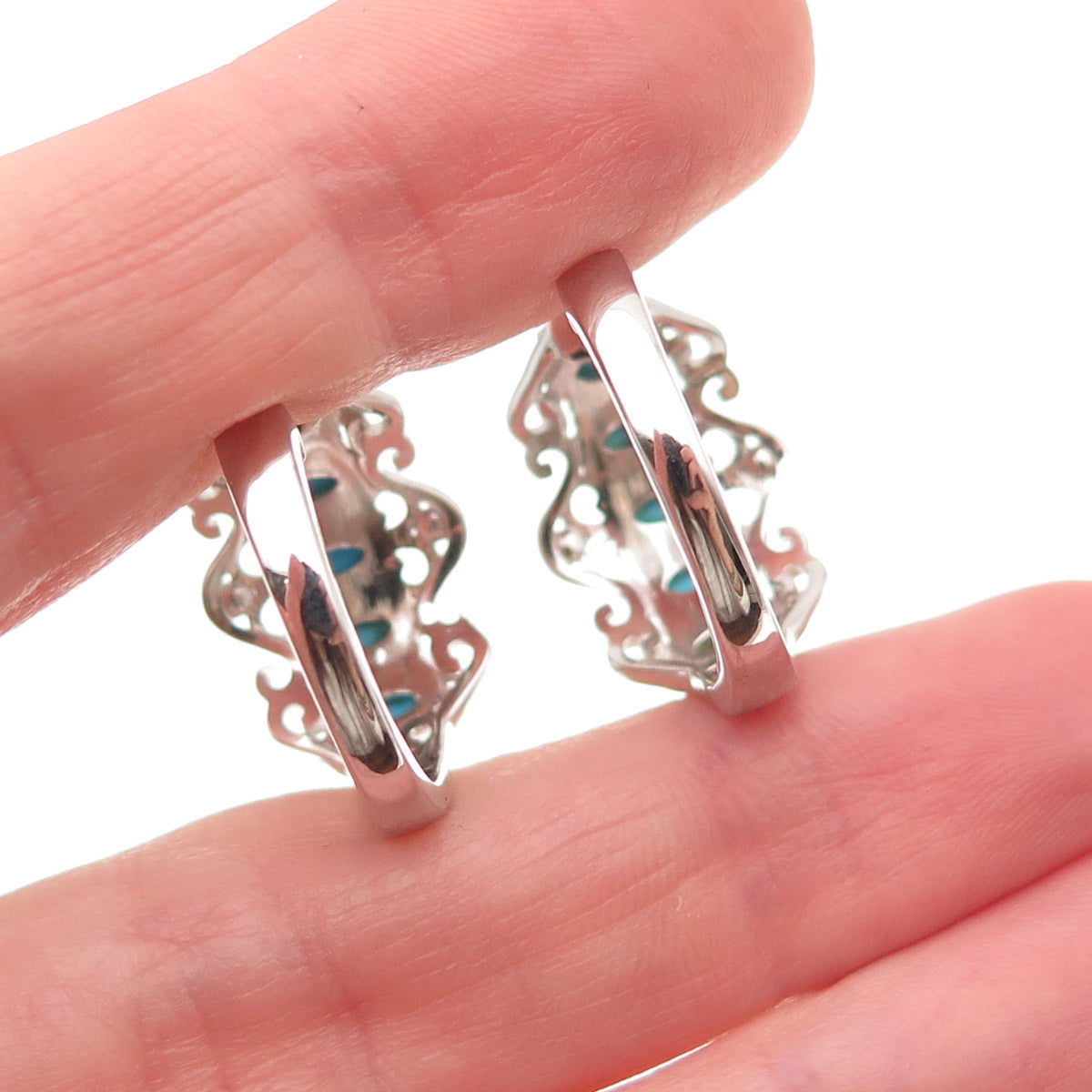 925 Sterling Silver Real Sleeping Beauty Turquoise Ornate Hoop Earrings