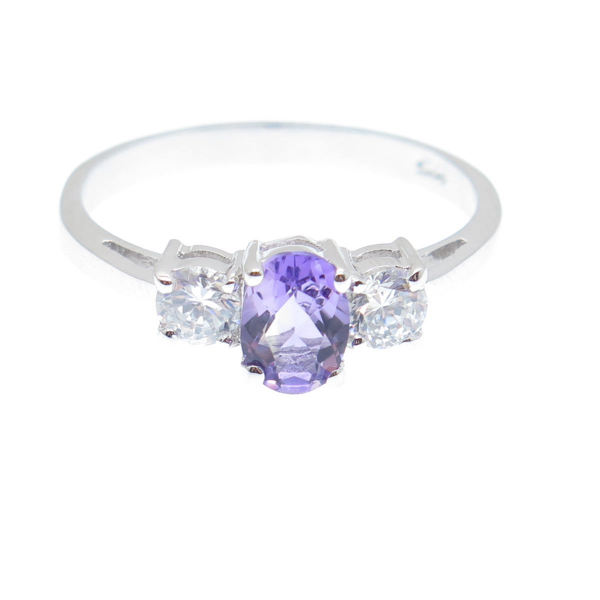 925 Sterling Silver Real Oval-Cut Amethyst Gem & Round-Cut C Z Ring Size 9.25