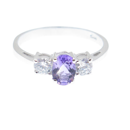 925 Sterling Silver Real Oval-Cut Amethyst Gem & Round-Cut C Z Ring Size 9.25